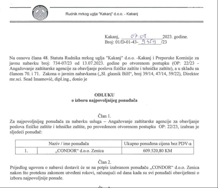 Ugovor za posao fizičke i tehničke zaštite RMU “Kakanj“: Porodičnoj firmi Isaka 610.000 KM!