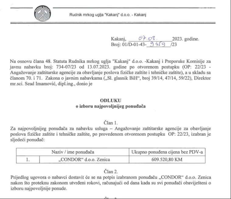 Ugovor za posao fizičke i tehničke zaštite RMU “Kakanj“: Porodičnoj firmi Isaka 610.000 KM!