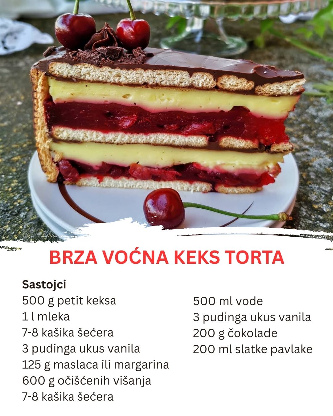 Ne peče se, a izgleda kao remek-djelo! Brza keks torta s višnjama!