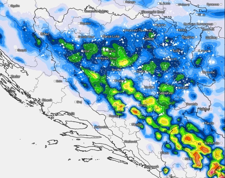 OBJAVLJENA KARTA PADAVINA: Evo gdje se očekuju najveće kiše i snijega u Bosni i Hercegovini