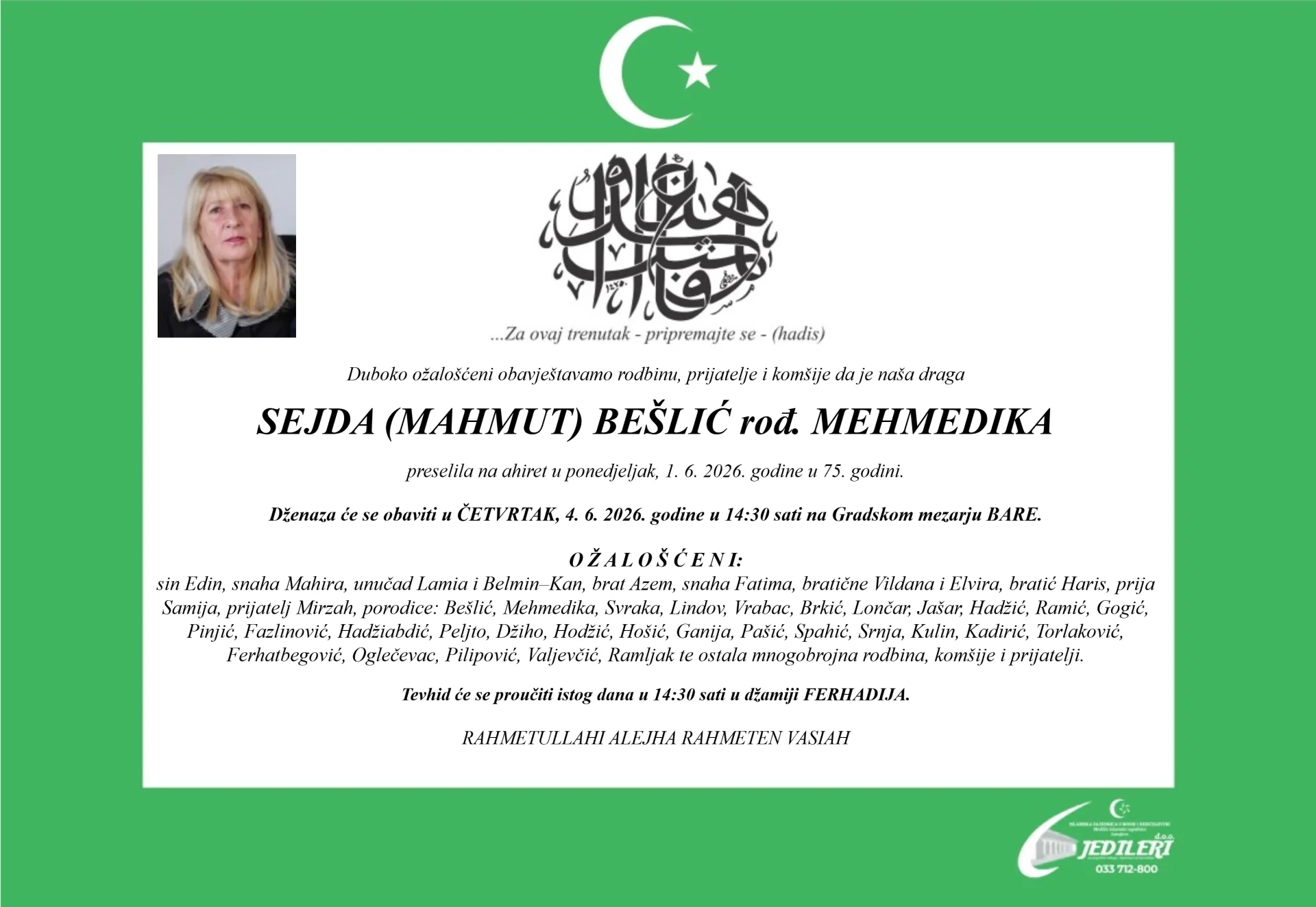 Poznati datum dženaze Sejde Bešlić, supruge legendarnog Halida Bešlića