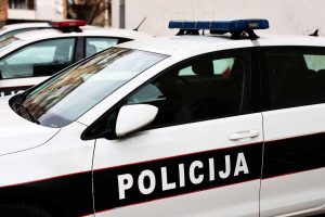 Bijelo-plava policijska vozila s uključenim rotacijskim svjetlima na cesti
